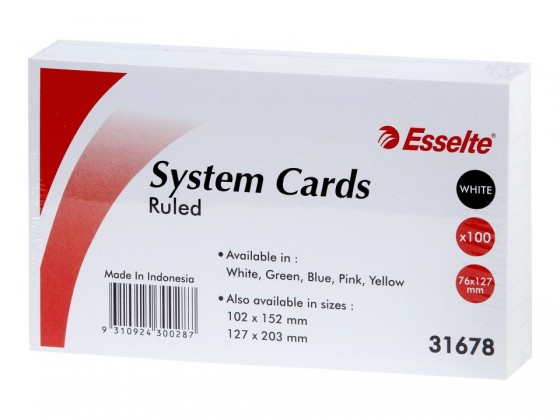 Esselte System Cards Ruled 127 X 76mm (5 X 3inch) White Pk/100