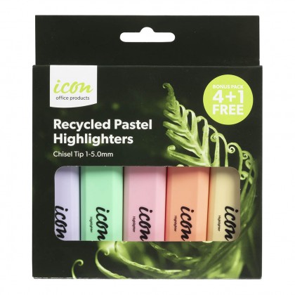 Icon Recycled Pastel Highlighters Chisel Tip 1-5.0mm 4+1 Bonus Pack