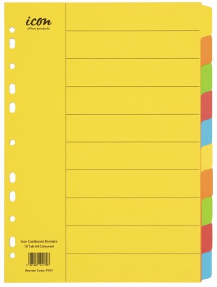 A4 Dividers Indices 10 Tab Cardboard Bright Coloured