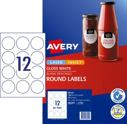 Avery Laser Labels L7105 12 Labels/sheet 60mm Round Gloss White Pk/120