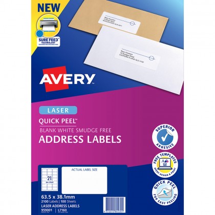 Avery Laser Labels L7160 21 Labels/sheet 63.5mm X 38.1mm Pk/100
