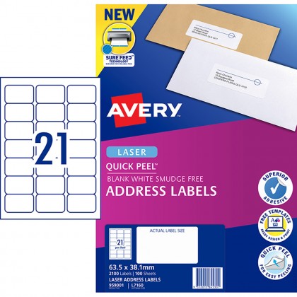 Avery Laser Labels L7160 21 Labels/sheet 63.5mm X 38.1mm Pk/100