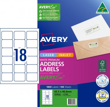 Avery Laser Labels L7161 63.5mm X 46.6mm 18 Per Sheet Pk/100