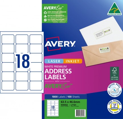 Avery Laser Labels L7161 63.5mm X 46.6mm 18 Per Sheet Pk/100