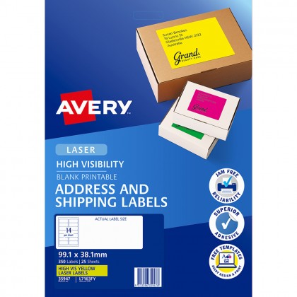 Avery Laser Labels L7163fy 99.1 X 38.1mm Hi Vis Fluoro Yellow 14/sheet Pk/25