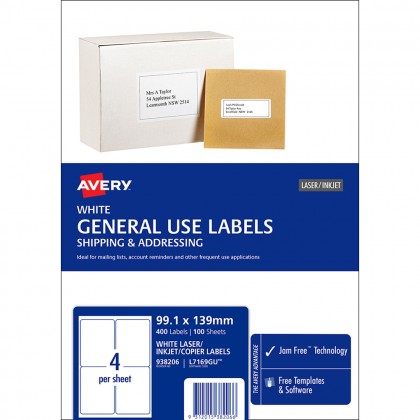 Avery Laser Labels L7169gu General Use White 4/sheet 99.1mm X 139mm Pk/100