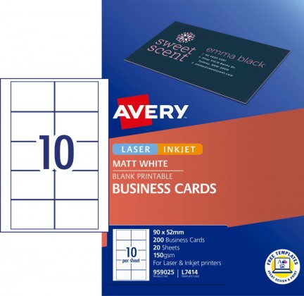 Avery Laser Inkjet L7414 150gsm White Business Cards 90x52mm Pk/200