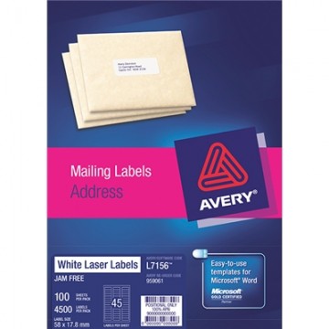Avery Laser Labels L7156 45 Labels/sheet 58mm X 17.8mm Pk/100