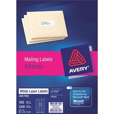 Avery Laser Labels L7157 33 Labels/sheet 64mm X 24.3mm Pk/100