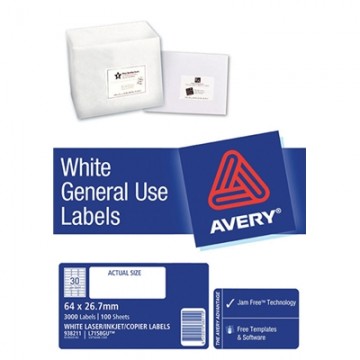 Avery Laser Labels L7158 30 Labels/sheet 64mm X 26.7mm Gen Use Pk/100
