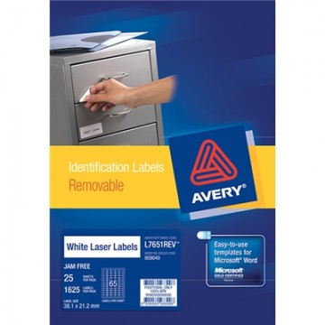 Avery Laser Labels L7651rev 38.1mm X 21.2mm Removable 65/sheet 25 Sheets
