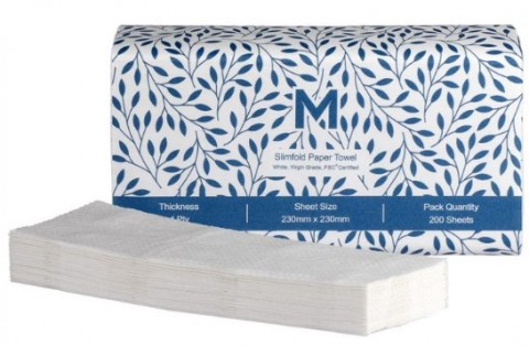 M Slimfold Paper Towel White 230mm X 230mm 1 Ply (200 Sheets/pk) Box/20pks