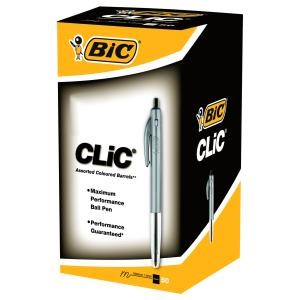 Bic Clic Medium 1.0mm Black Ballpoint Pens Silver Barrels Bx/50