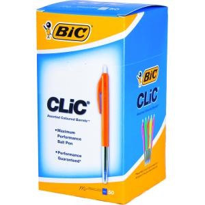 Bic Clic Medium 1.0mm Blue Ballpoint Pens Assorted Barrels Box/50